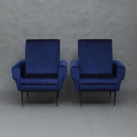 Pierre Guariche style blue velvet armchairs