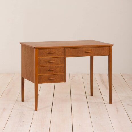 Small Danish vintage teak desk with five drawers  scaled