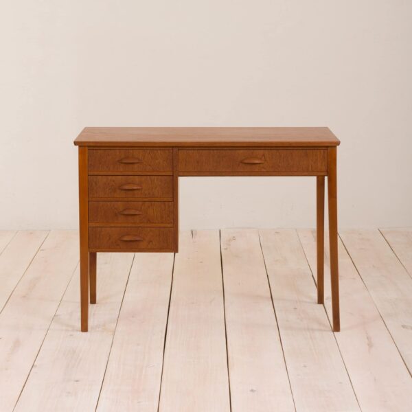 Small Danish vintage teak desk with five drawers  scaled