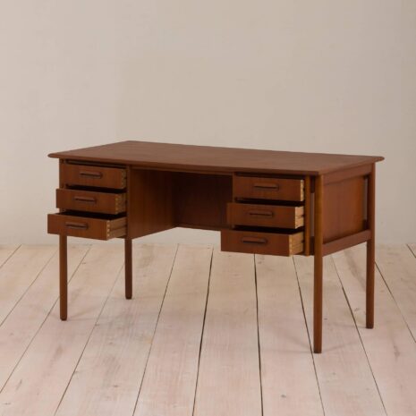 2057 Danish teak desk with 6 drawers with sculptular pul out handles-3 Danish teak desk with drawers with sculptular pul out handles scaled