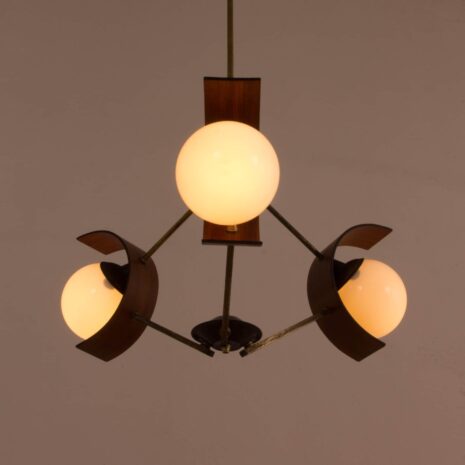 2059 3 shades Stilnovo style pendant lamp with teak Stilnovo pendant lamp in brass, teak and 3 opaline glass shades, Italy, 60s-2-11 shades Stilnovo style pendant lamp with teak Stilnovo pendant lamp in brass teak and opaline glass shades Italy s scaled