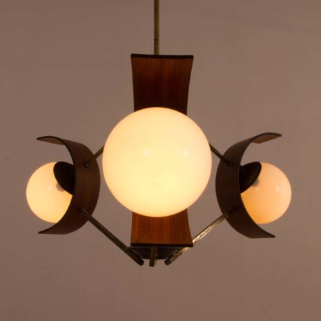 2059 3 shades Stilnovo style pendant lamp with teak Stilnovo pendant lamp in brass, teak and 3 opaline glass shades, Italy, 60s-2-13 shades Stilnovo style pendant lamp with teak Stilnovo pendant lamp in brass teak and opaline glass shades Italy s scaled