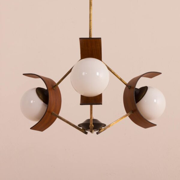 shades Stilnovo style pendant lamp with teak Stilnovo pendant lamp in brass teak and  opaline glass shades Italy s   scaled