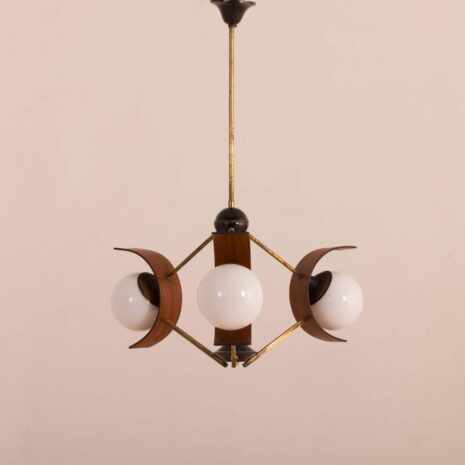 2059 3 shades Stilnovo style pendant lamp with teak Stilnovo pendant lamp in brass, teak and 3 opaline glass shades, Italy, 60s-2 shades Stilnovo style pendant lamp with teak Stilnovo pendant lamp in brass teak and opaline glass shades Italy s scaled