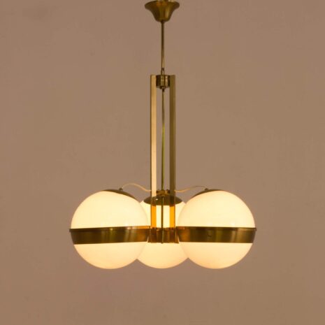 2064 Italian brass chandelier with 3 opaline glass in Gino Sarfatti style-2-8 Italian brass chandelier with opaline glass in Gino Sarfatti style scaled