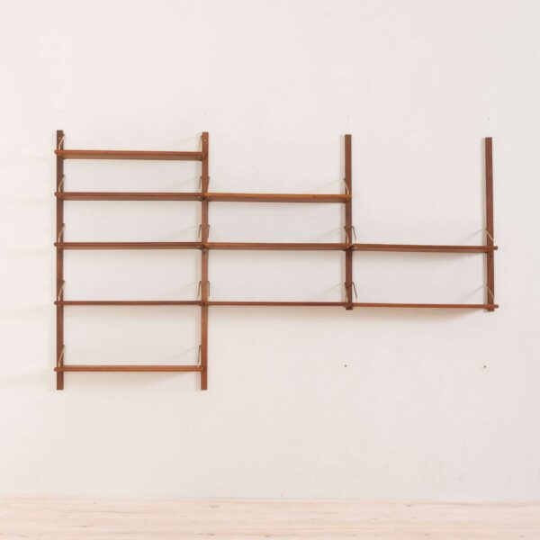 Danish modular teak wall unit with  shelves with pencil polished edges and brass hardware   scaled