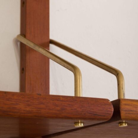 Danish modular teak wall unit with 10 shelves with pencil polished edges and brass hardware 2029-4 Danish modular teak wall unit with shelves with pencil polished edges and brass hardware scaled