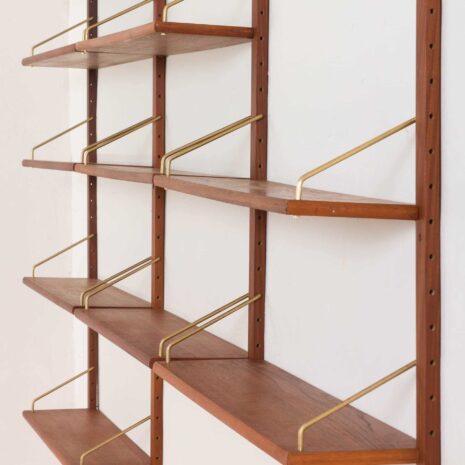 Danish modular teak wall unit with 10 shelves with pencil polished edges and brass hardware 2029-5 Danish modular teak wall unit with shelves with pencil polished edges and brass hardware scaled
