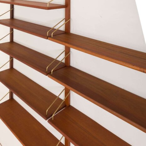 Danish modular teak wall unit with 10 shelves with pencil polished edges and brass hardware 2029-6 Danish modular teak wall unit with shelves with pencil polished edges and brass hardware scaled