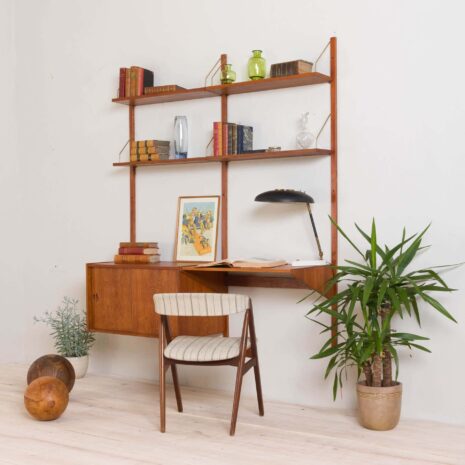Duńska meblościanka z drewna tekowego w stylu Cadovius 2101-2 z biurkiem i szafką Danish vintage teak wall unit with desk and cabinet in the style of Cadovius scaled
