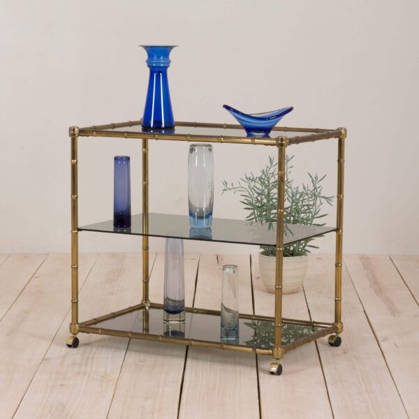 Italian mid century brass bamboo cart with  shelves   scaled