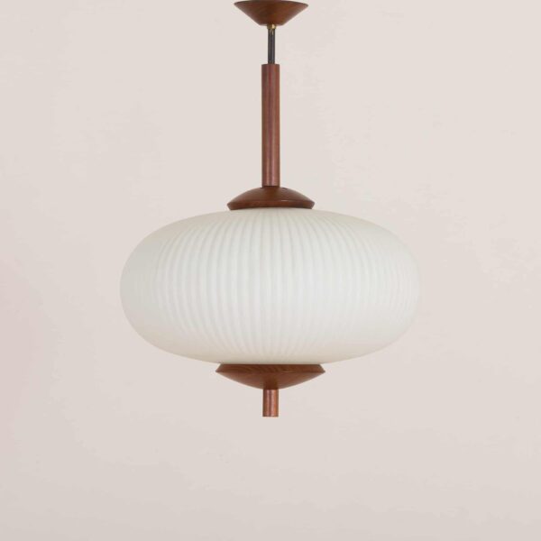 Large ribbed opaline glass and teak pendant lamp in the style of Louis Kalff   scaled