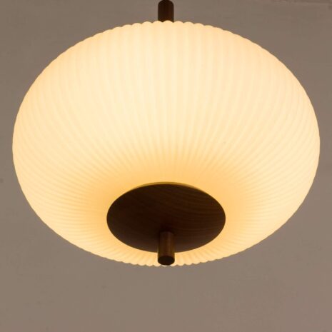 Large, ribbed opaline glass and teak pendant lamp in the style of Louis Kalff 2061-10 Large ribbed opaline glass and teak pendant lamp in the style of Louis Kalff scaled