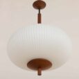 Large ribbed opaline glass and teak pendant lamp in the style of Louis Kalff   scaled