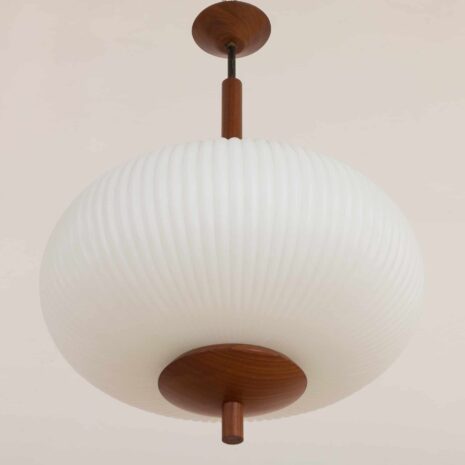 Large, ribbed opaline glass and teak pendant lamp in the style of Louis Kalff 2061-2 Large ribbed opaline glass and teak pendant lamp in the style of Louis Kalff scaled