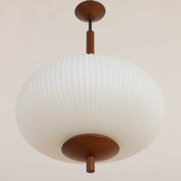 Large ribbed opaline glass and teak pendant lamp in the style of Louis Kalff   scaled