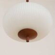 Large ribbed opaline glass and teak pendant lamp in the style of Louis Kalff   scaled