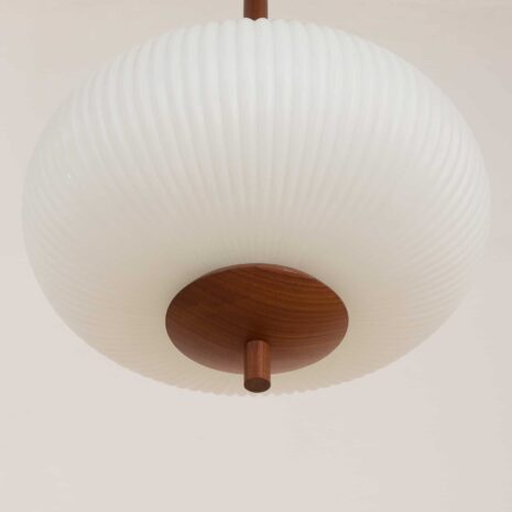 Large, ribbed opaline glass and teak pendant lamp in the style of Louis Kalff 2061-3 Large ribbed opaline glass and teak pendant lamp in the style of Louis Kalff scaled
