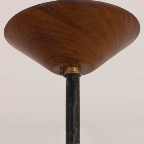 Large, ribbed opaline glass and teak pendant lamp in the style of Louis Kalff 2061-4 Large ribbed opaline glass and teak pendant lamp in the style of Louis Kalff scaled