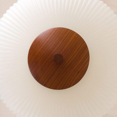 Large, ribbed opaline glass and teak pendant lamp in the style of Louis Kalff 2061-6 Large ribbed opaline glass and teak pendant lamp in the style of Louis Kalff scaled