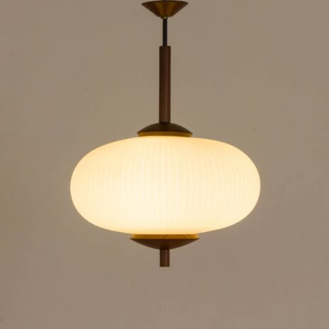 Large, ribbed opaline glass and teak pendant lamp in the style of Louis Kalff 2061-8 Large ribbed opaline glass and teak pendant lamp in the style of Louis Kalff scaled