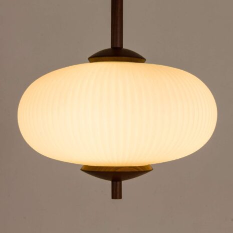 Large, ribbed opaline glass and teak pendant lamp in the style of Louis Kalff 2061-9 Large ribbed opaline glass and teak pendant lamp in the style of Louis Kalff scaled