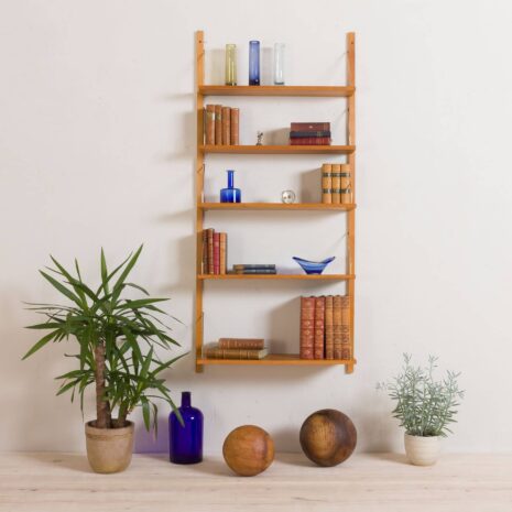 Rare Danish wall shelving unit from the s with  golden oak shelves   scaled