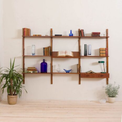 Danish wall unit in the style of Cadovius with small desk and magazines shelf  scaled