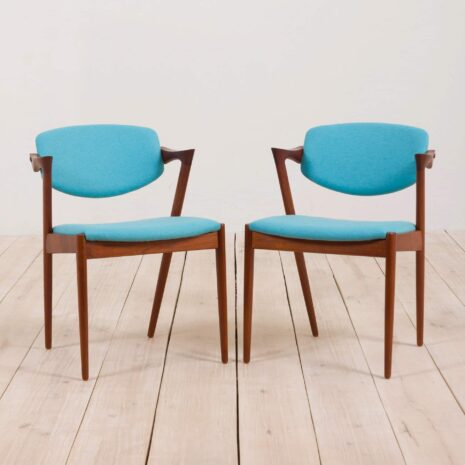 Set of  teak Kai Kristiansen  chairs in new turquise upholstery  scaled