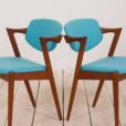 Set of teak Kai Kristiansen chairs in new turquise upholstery scaled