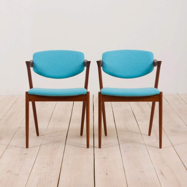 Set of  teak Kai Kristiansen  chairs in new turquise upholstery  scaled