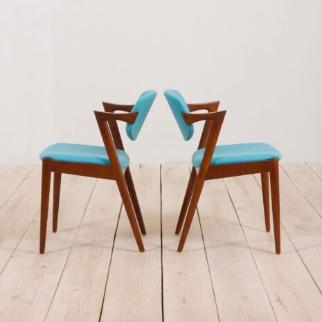 2211 Set of 2 teak Kai Kristiansen 42 chairs in new turquise upholstery-4 Set of teak Kai Kristiansen chairs in new turquise upholstery scaled