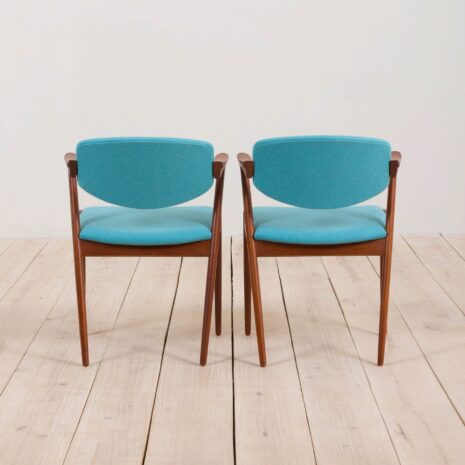 2211 Set of 2 teak Kai Kristiansen 42 chairs in new turquise upholstery-5 Set of teak Kai Kristiansen chairs in new turquise upholstery scaled