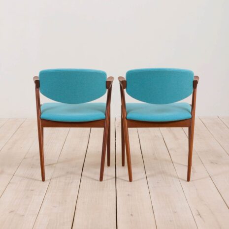 2211 Set of 2 teak Kai Kristiansen 42 chairs in new turquise upholstery-6 Set of teak Kai Kristiansen chairs in new turquise upholstery scaled