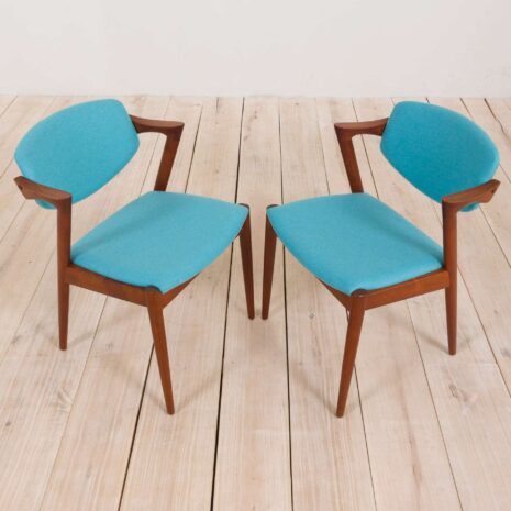 2211 Set of 2 teak Kai Kristiansen 42 chairs in new turquise upholstery-7 Set of teak Kai Kristiansen chairs in new turquise upholstery scaled