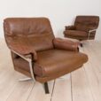Pair of brown buffalo leather swivel lounge chairs by Aalborg Polstermobelfabrik