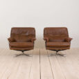 Pair of brown buffalo leather swivel lounge chairs by Aalborg Polstermobelfabrik