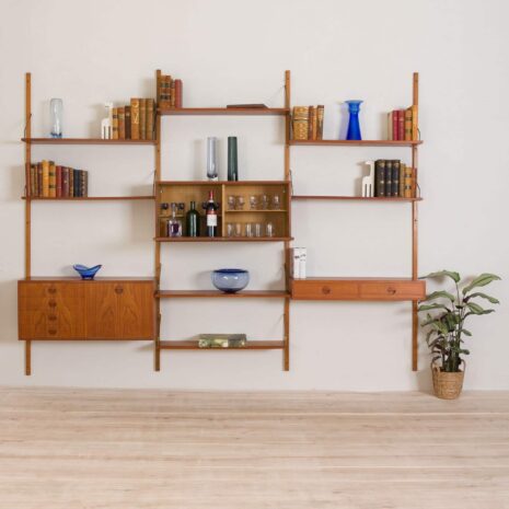 bay teak wall unit by Hansen and Guldborg with bar cabinet and chest of drawers  scaled