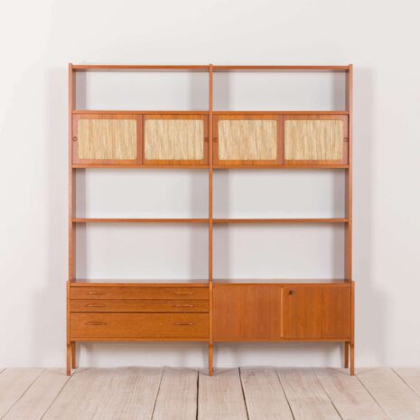2207 Norwegian free standing wall unit in teak with straw sliding doors-2 Norwegian free standing wall unit in teak with straw sliding doors scaled