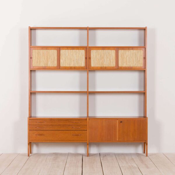 Norwegian free standing wall unit in teak with straw sliding doors  scaled