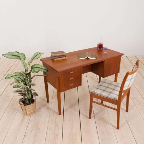 Small Danish free standing teak desk with  drawers and cabinet s  scaled