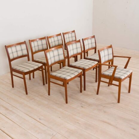 Set of  teak dining chairs in new natural checkered upholstery  scaled