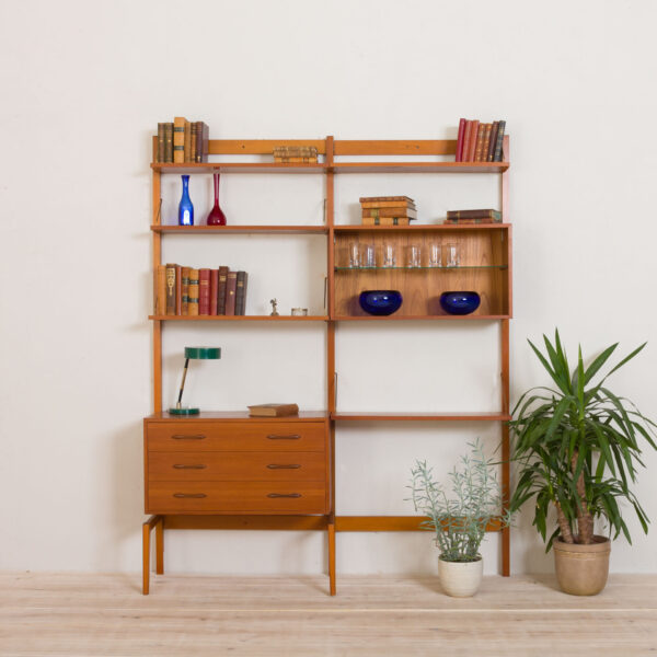 free standing wall unit teak shelving system by Kjell Ressel  scaled