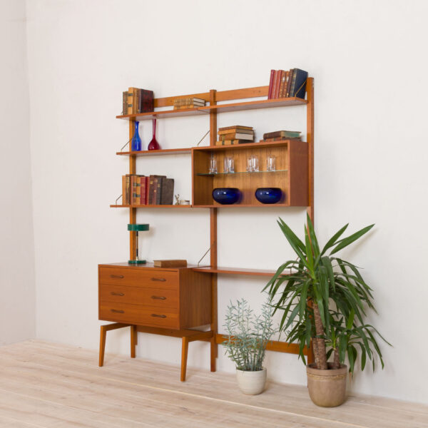 free standing wall unit teak shelving system by Kjell Ressel  scaled