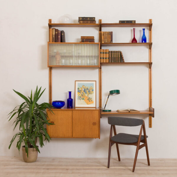 Sven Andersen Mobelfabrikk Wall unit in teak  bay hanging shelving system with  cabinets Hillevag Norway  scaled