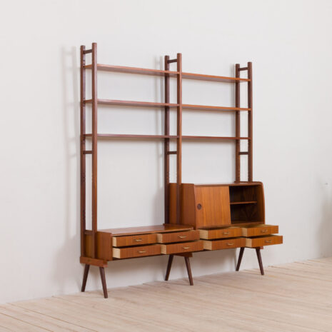 21065-teak free standing 2 bay wall unit, Norwegian shelving system from 1960s-8 teak free standing bay wall unit Norwegian shelving system from s scaled