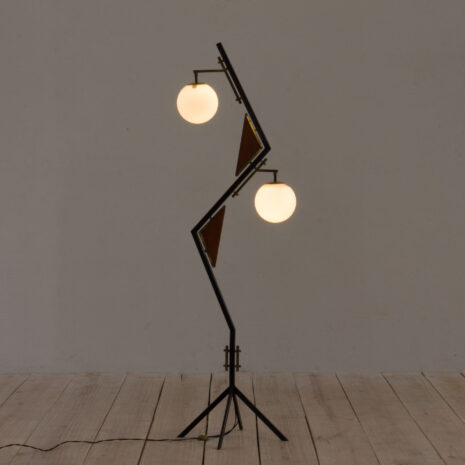 21087 Italian geometric floor lamp attr. to Stilnovo with 2 white glass shades-4 Italian geometric floor lamp attr