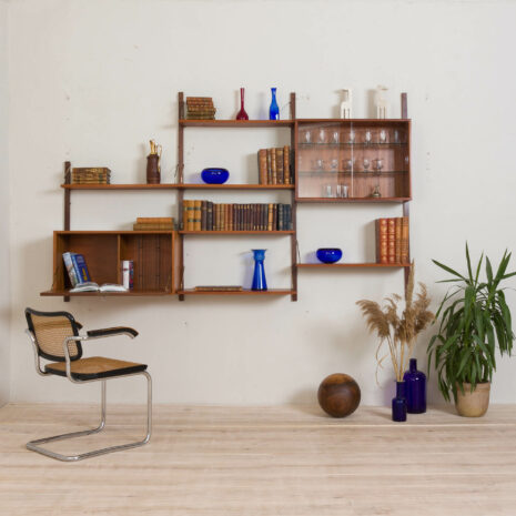 21130 Royal Cadovius teak wall unit with a secretary and glass cabinet and 6 shelves-1 Royal Cadovius teak wall unit with a secretary and glass cabinet and shelves scaled