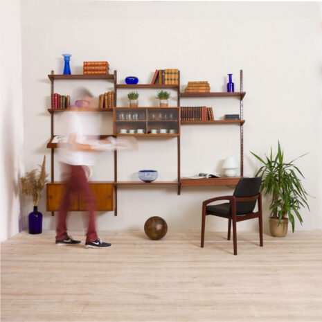 21139 Kai Kristiansen teak wall unit with a desk and two cabinets, 3 bay shelving, Denmark, 1960s-2 Kai Kristiansen teak wall unit with a desk and two cabinets bay shelving Denmark s scaled