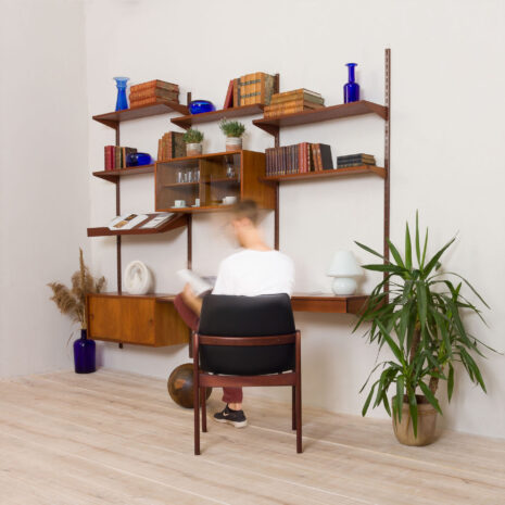 21139 Kai Kristiansen teak wall unit with a desk and two cabinets, 3 bay shelving, Denmark, 1960s-4 Kai Kristiansen teak wall unit with a desk and two cabinets bay shelving Denmark s scaled